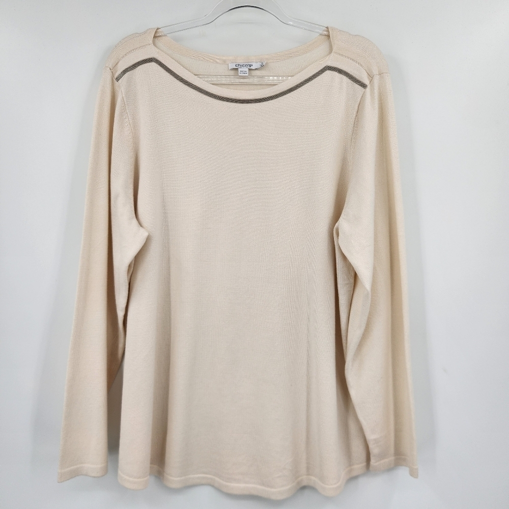 Chicos 3 Lightweight Sweater Womens Size XL Cream Embellished Long Sleeve